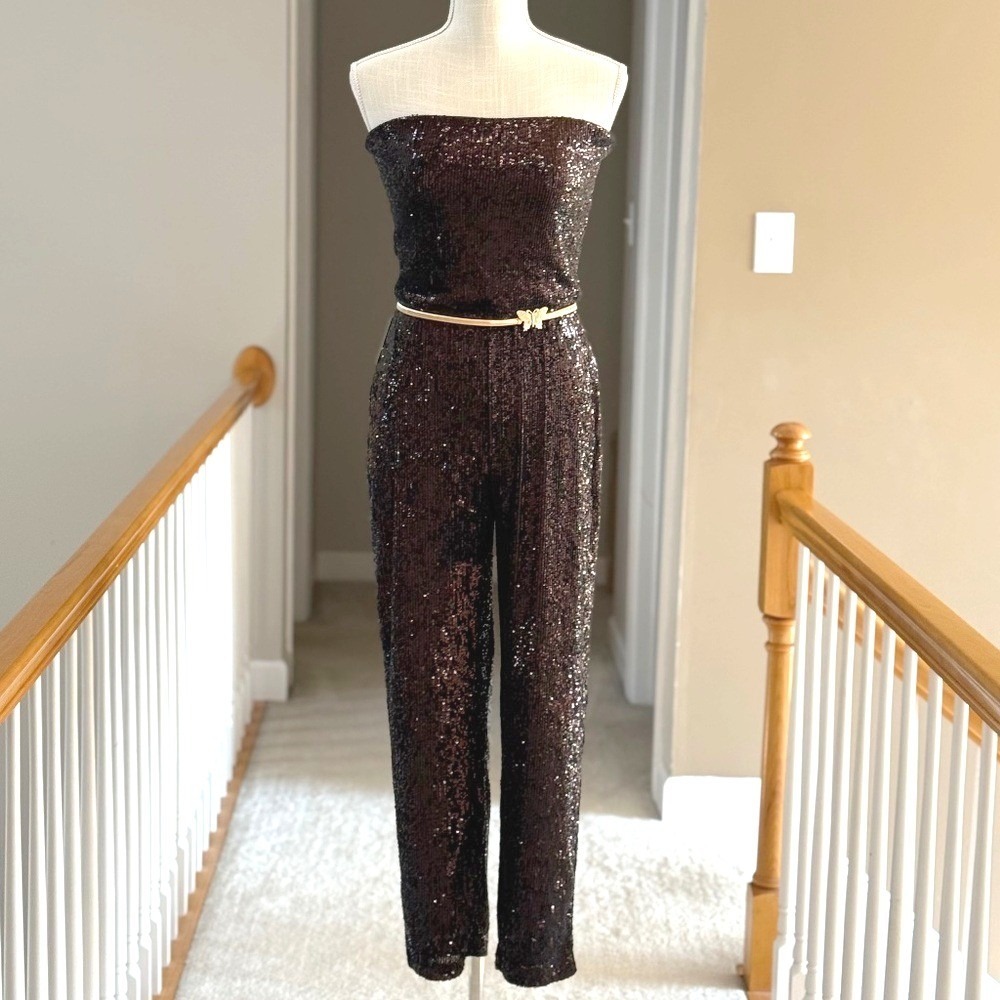 Express Sequin Strapless Straight Leg Jumpsuit Deep Espresso Brown Size M NWT - Picture 5 of 14